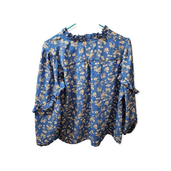W5 Anthropologie Long Sleeve XL Ruffle Blue Floral Peasant Blouse - Picture 13 of 13